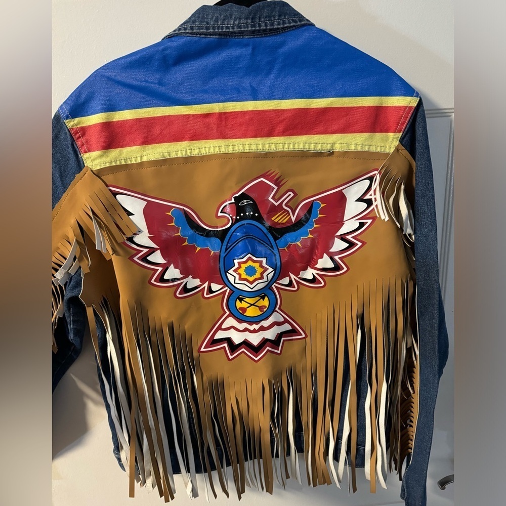Thunderbird Native Print Jean Jacket Fringe Colorful Eagle Western Boho Indie - Picture 14 of 14